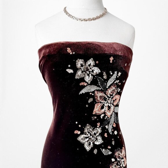 Vintage Brown Velvet Strapless Floral Beaded Sequin Maxi Bodycon Prom Dress M/L - Picture 5 of 7